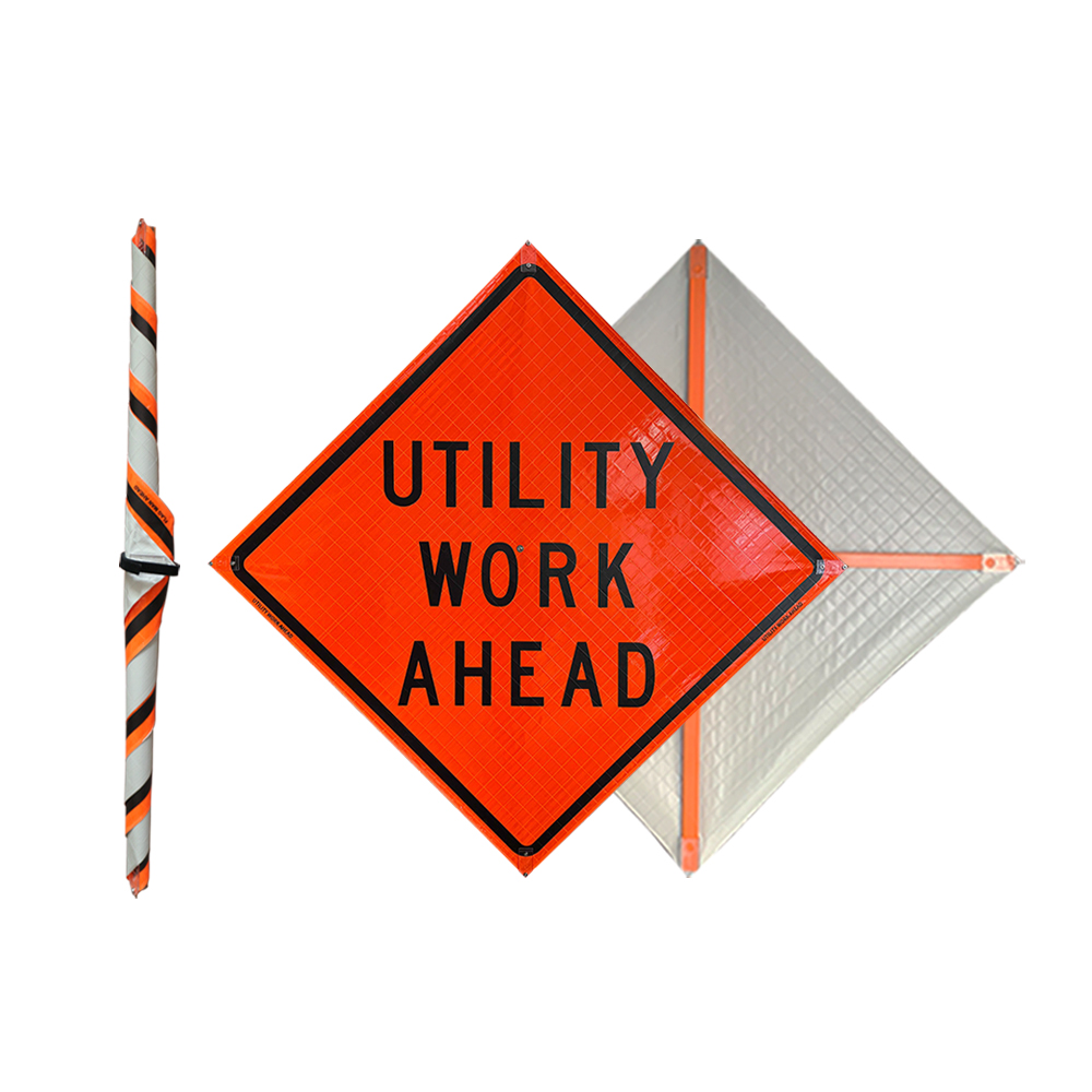48 Inch Utility Work Ahead Roll Up Reflective Traffic Sign - 